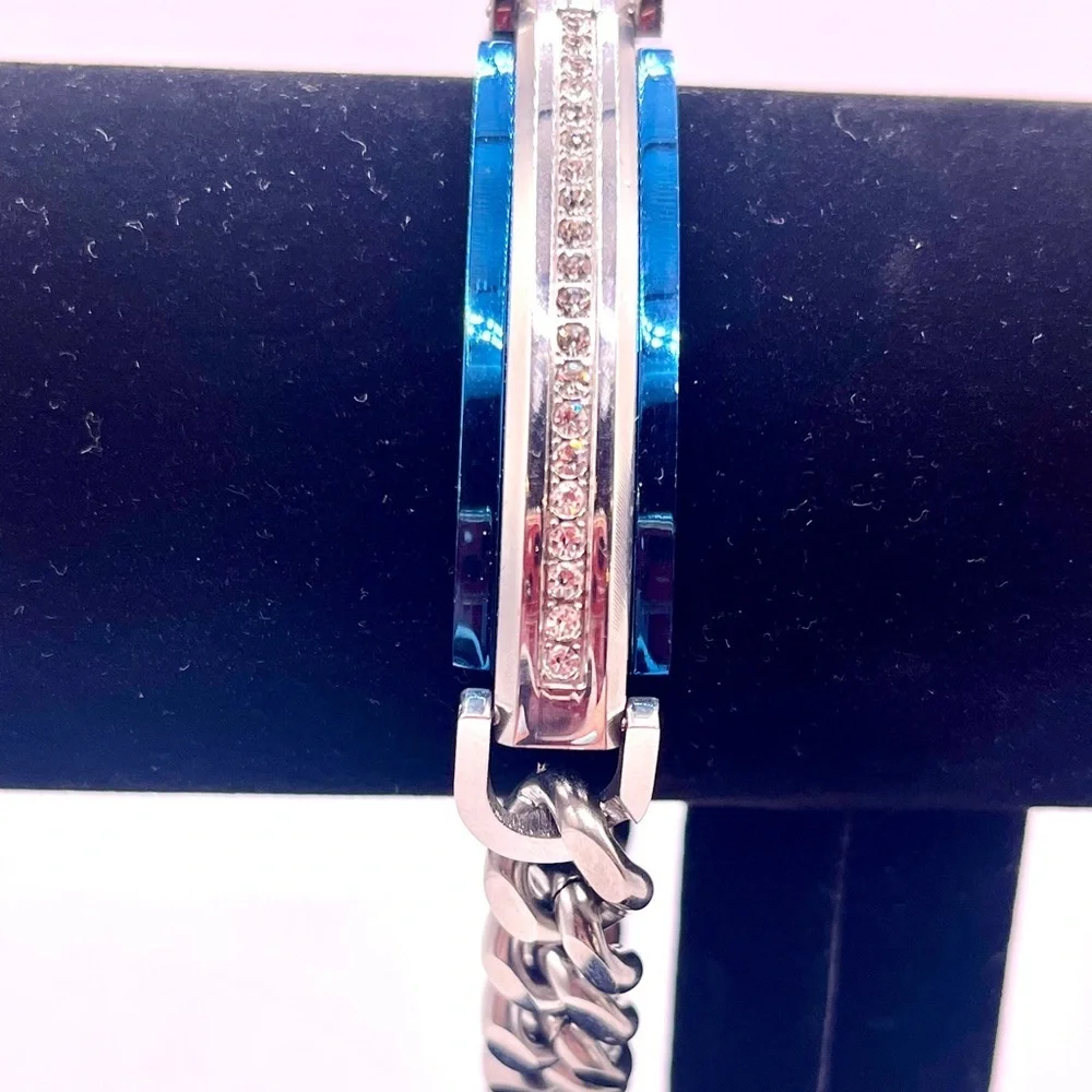 Blue bar rhinestone chain bracelet silver tone chunky modern